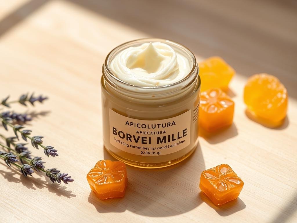 A high-quality, hydrating bee wax-based moisturizer presented in a glass jar with a wooden lid. The cream has a creamy, whipped texture with visible specks of golden bee wax. The jar is placed on a plain, light-colored wooden surface, surrounded by a few fresh honeycomb pieces and sprigs of lavender. Warm, natural lighting casts soft shadows, highlighting the organic, artisanal nature of the product. The overall scene conveys a sense of purity, nourishment, and rustic elegance, reflecting the "APICOLTURA BORVEI MIELE" brand.