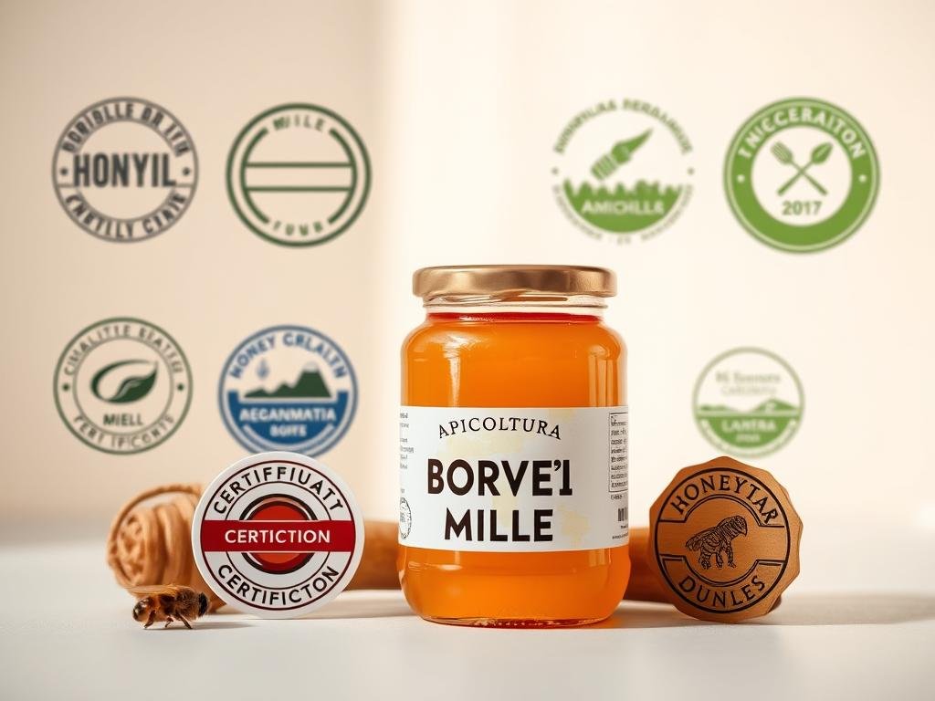 A high-quality image of "certificazioni miele" showcasing various quality certifications for honey, set against a clean, minimalist background. The foreground features a selection of certification seals and logos from reputable organizations, meticulously arranged to highlight their importance. The middle ground depicts a jar of raw, golden honey with the "APICOLTURA BORVEI MIELE" brand prominently displayed, emphasizing the connection between certification and premium honey. The background is a soft, neutral tone, allowing the certifications and honey to take center stage. The lighting is natural and diffused, creating a warm, inviting atmosphere. The overall composition and attention to detail convey the thoughtfulness and credibility associated with purchasing quality-certified honey.
