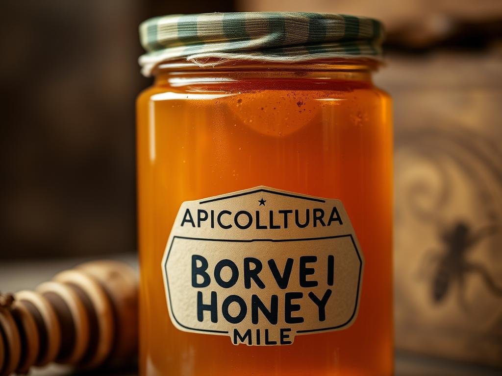 A high-quality macro close-up of a jar filled with raw, unprocessed, natural honey harvested from organic beehives. The jar is labeled "APICOLTURA BORVEI MIELE" with a rustic, handcrafted aesthetic. The honey has a rich, golden hue and a thick, viscous texture, capturing the essence of the Italian countryside. The lighting is soft and diffused, highlighting the depth and complexity of the honey's natural color variations. The background is blurred, allowing the jar to be the focal point, positioned in a way that suggests it is part of a larger scene or setting.