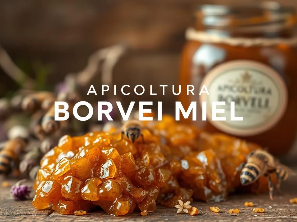 A high-quality propolis sample against a natural, earthy backdrop. The propolis appears rich in color, with a glossy, resinous texture. The foreground features a close-up of the propolis, showcasing its intricate structure and natural variations. The middle ground includes a few dried herbs, flowers, or other bee-related elements to complement the propolis and convey a sense of the natural environment. The background is softly blurred, but suggests a rustic, Italian setting, perhaps with a wooden surface or vintage-inspired decor. Warm, natural lighting illuminates the scene, creating a cozy, inviting atmosphere. Branding: "APICOLTURA BORVEI MIELE" is prominently displayed on a label or jar in the composition.