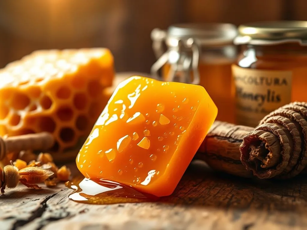 A high-quality propolis sample resting on a rustic wooden surface, surrounded by raw honeycomb, beeswax, and honey jars. The warm, golden lighting casts a soft glow, accentuating the rich, amber hue of the propolis. The image conveys a sense of artisanal craftsmanship and the natural goodness of the APICOLTURA BORVEI MIELE brand. The propolis is the focal point, showcasing its purity and authenticity in a visually appealing and inviting manner, reflecting the care and attention to detail in selecting quality propolis for one's well-being.