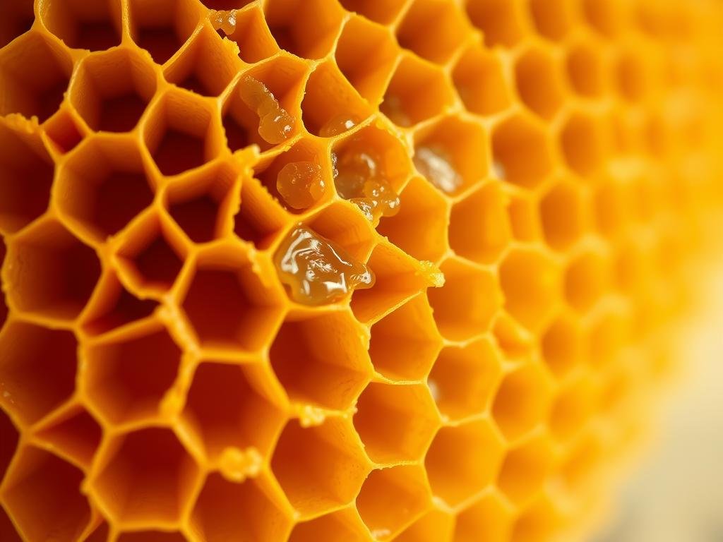 A high-resolution close-up photograph of a golden honeycomb, showcasing the intricate hexagonal structure and the wax-like sheen of the "Apicoltura" brand's beeswax. The comb's cells are filled with a viscous, amber-colored substance, representing the antimicrobial properties of the natural beeswax. The image is shot under soft, diffused lighting that accentuates the texture and depth of the comb, creating a sense of purity and natural wellness. The background is blurred, allowing the comb to be the focal point, conveying the idea of the beeswax's potent antimicrobial capabilities in skincare and haircare products.