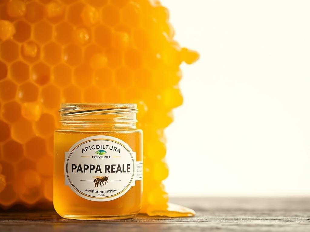 A high-resolution close-up shot of a beautiful honeycomb filled with fresh, golden-colored pappa reale, or royal jelly, against a clean, minimalist background. The texture and viscosity of the pappa reale should be clearly visible, with natural lighting casting a warm, inviting glow. In the foreground, a small glass jar or container with the APICOLTURA BORVEI MIELE brand label prominently displayed, highlighting the pure, natural origins of this nutritious substance. The overall composition should convey the essence of pappa reale's composition and its valuable nutritional properties.