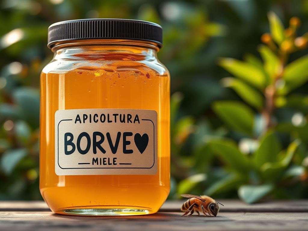 A high-resolution, detailed, and photorealistic image of a close-up view of a glass jar filled with golden, viscous bee venom honey, the label prominently displaying the text "APICOLTURA BORVEI MIELE". The jar is resting on a wooden surface, with a backdrop of lush, green foliage and a soft, warm lighting illuminating the scene. The image conveys a sense of natural, organic, and medicinal wellness, capturing the essence of the "Prodotti al Veleno d'Api e Trattamenti Specifici" section of the article "Bambini e Veleno d'Api: A Che Età Può Essere Considerato Sicuro?".