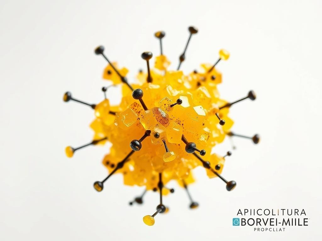 A high-resolution, detailed image of the chemical composition of propolis, showcasing its intricate molecular structure. The image should have a scientific and informative tone, with a clean, laboratory-inspired aesthetic. Depict the various chemical compounds that make up propolis, such as flavonoids, phenolic acids, and terpenes, arranged in a visually striking and symmetrical composition. Use a neutral, muted color palette with subtle highlights to emphasize the technical nature of the subject. Include the text "APICOLTURA BORVEI MIELE" in the lower right corner as a discrete branding element. The image should convey the complexity and natural origins of propolis, complementing the informative article section on its composition.
