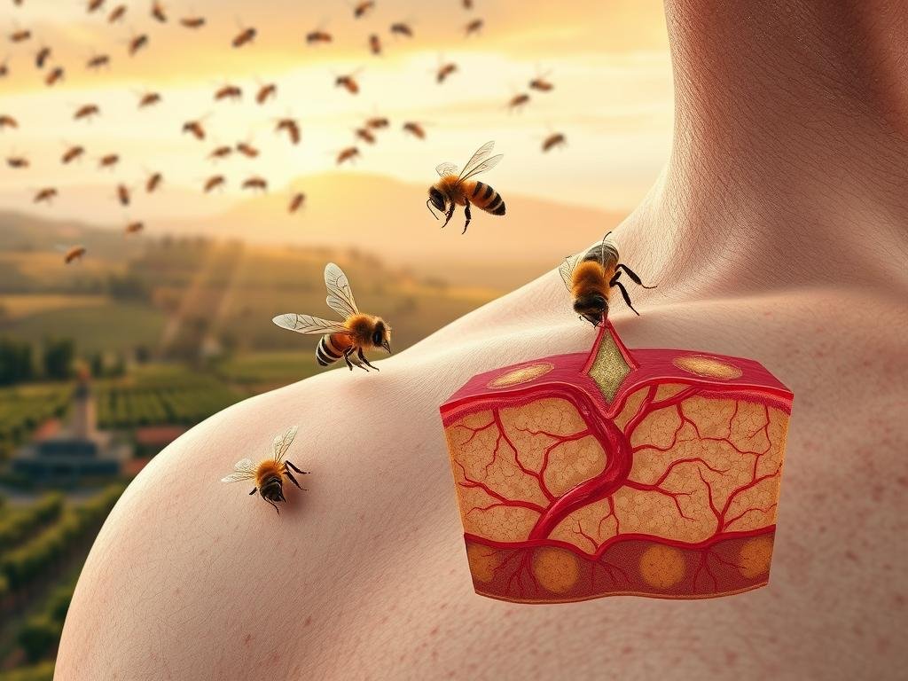 A high-resolution, finely detailed digital painting depicting the biochemical effects of bee venom on the human body. In the foreground, a close-up view of a worker bee's stinger penetrating the skin, surrounded by a swarm of bees in flight. In the middle ground, a cross-section of the human dermis, revealing the complex network of blood vessels, nerves, and immune cells responding to the venom. In the background, an Italian landscape with rolling hills, vineyards, and the APICOLTURA BORVEI MIELE apiary, all illuminated by warm, diffused natural lighting.