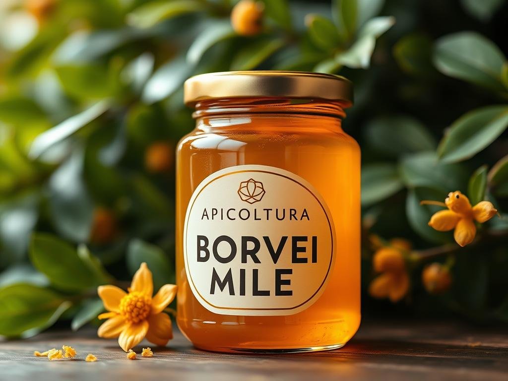 A high-resolution image of a glass jar filled with golden honey, with the text "APICOLTURA BORVEI MIELE" prominently displayed on the label. The jar is set against a backdrop of lush, green foliage, suggesting a natural, organic setting. The lighting is soft and warm, creating a cozy, inviting atmosphere. The image conveys the purity and richness of the royal jelly, highlighting its natural goodness and potential benefits for skin and hair.