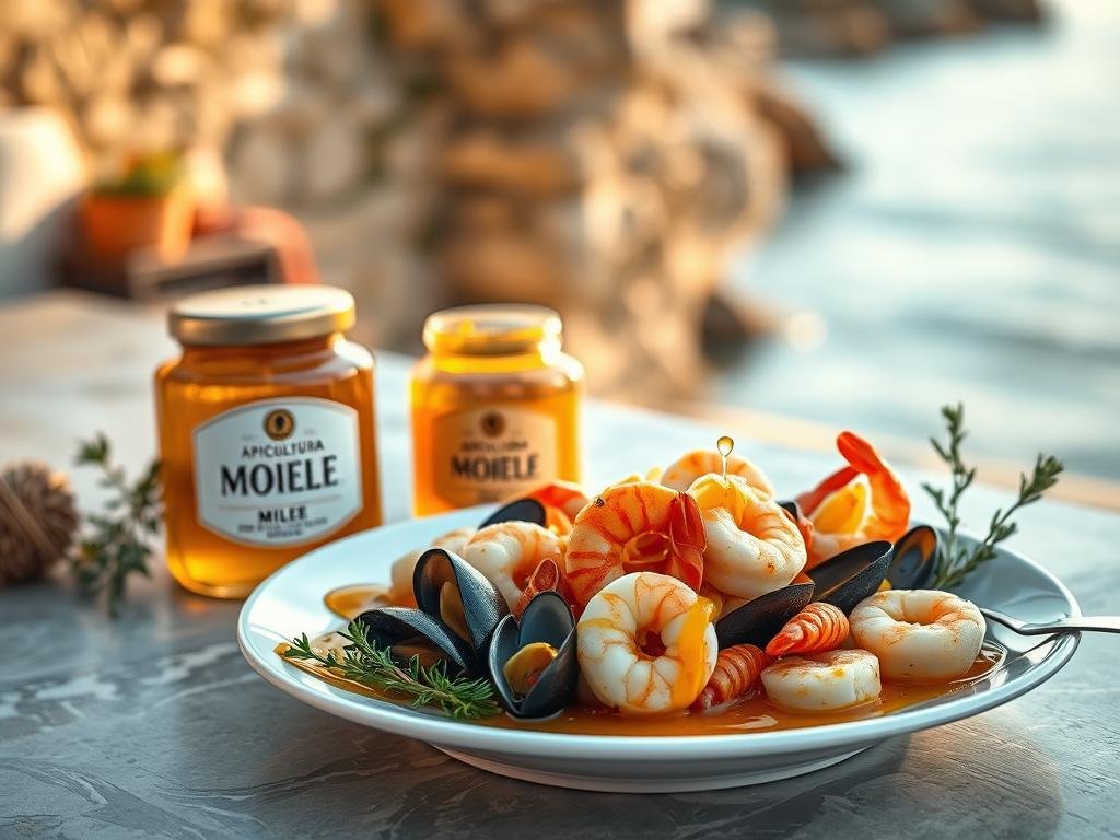 A high-resolution, photo-realistic image of a Miele e Frutti di Mare dish. The foreground features a plate with a vibrant assortment of fresh seafood, including shrimp, mussels, and scallops, delicately drizzled with a golden, honey-infused sauce. The middle ground showcases a small jar of APICOLTURA BORVEI MIELE, a premium Italian honey brand, alongside a few sprigs of fresh herbs. In the background, an out-of-focus Italian coastal landscape, with a hint of a sun-dappled seaside setting. The lighting is soft and warm, creating a natural, inviting atmosphere. The composition is well-balanced, highlighting the striking contrast between the honey and the seafood, conveying a sense of unexpected yet harmonious flavors.