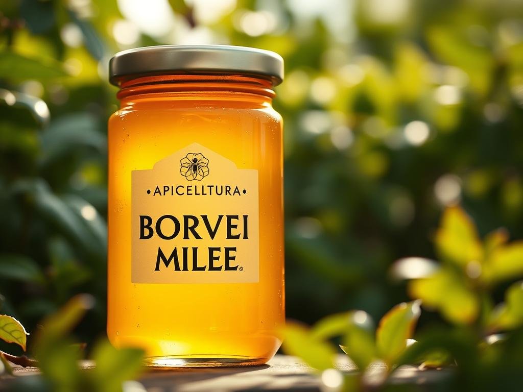 A high-resolution, photo-realistic image of a glass jar filled with a golden, viscous substance labeled "APICOLTURA BORVEI MIELE". The jar is set against a backdrop of lush, green foliage, hinting at a natural, rural setting. Diffused, warm lighting casts a soft glow, enhancing the natural beauty of the honey. The scene conveys a sense of purity, quality, and the care taken in the production of this artisanal product. The overall composition is balanced, with the jar as the focal point, surrounded by the verdant, Italian countryside. A high-resolution, photo-realistic image of a glass jar filled with a golden, viscous substance labeled "APICOLTURA BORVEI MIELE". The jar is set against a backdrop of lush, green foliage, hinting at a natural, rural setting. Diffused, warm lighting casts a soft glow, enhancing the natural beauty of the honey. The scene conveys a sense of purity, quality, and the care taken in the production of this artisanal product. The overall composition is balanced, with the jar as the focal point, surrounded by the verdant, Italian countryside.