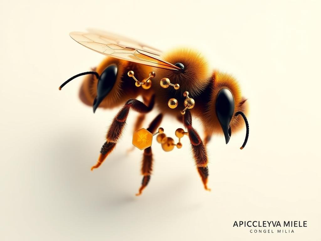 A highly detailed, macro-level illustration showcasing the key bioactive components found in bee venom. The image should feature a central focal point of an intricate, microscopic representation of the various peptides, enzymes, and other molecules that constitute the complex biochemical makeup of bee venom. The components should be depicted with a crisp, scientific precision, against a clean, minimalist background, allowing the intricacies of the venom's molecular structure to take center stage. Soft, directional lighting from the left should cast subtle shadows, enhancing the depth and 3D-like quality of the design. The overall aesthetic should convey a sense of clinical examination, while still maintaining a visually striking and aesthetically pleasing composition. Include the brand name "APICOLTURA BORVEI MIELE" in the bottom right corner of the image.