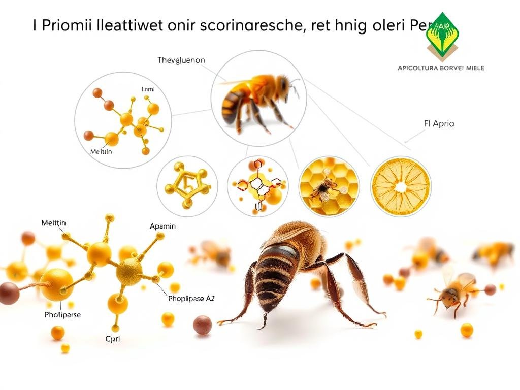 A highly detailed, photorealistic illustration of the active components of bee venom, showcasing their molecular structures and chemical compositions. The scene depicts the foreground with a close-up view of the venom's key active ingredients, such as melittin, apamin, and phospholipase A2, presented in a clear, labeled manner against a stark, clinical white background. The middle ground features a series of magnified, cross-sectional views of the venom's complex chemical makeup, while the background subtly incorporates the APICOLTURA BORVEI MIELE logo, suggesting the source of the bee venom. The overall image conveys a sense of scientific precision and technical expertise, capturing the essence of the "I Principali Componenti Attivi del Veleno d'Api" section.