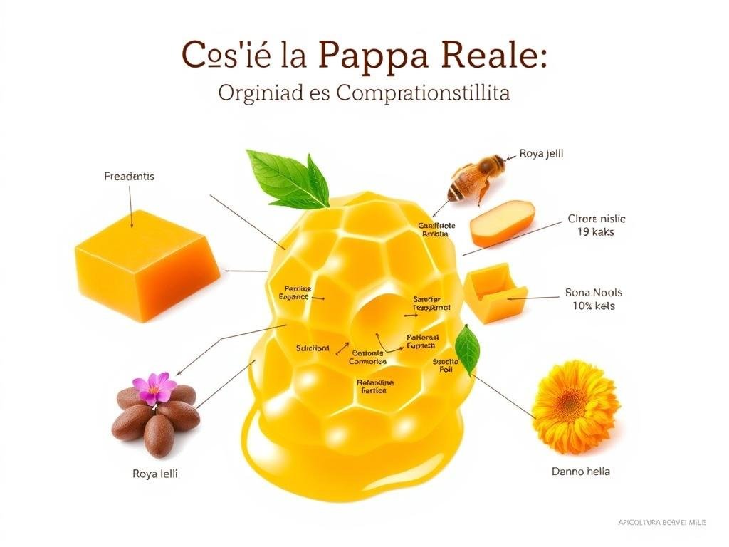 A highly detailed, scientific illustration of the nutritional composition of royal jelly, presented on a clean, white background. The image should showcase the key ingredients and their relative proportions, using a distinct color palette to differentiate the various components. The overall composition should be balanced and visually appealing, with a focus on technical accuracy and clarity. Inspired by Italian websites, the image should be coherent with the section title "Cos'è la Pappa Reale: Origini e Composizione". Include the text "APICOLTURA BORVEI MIELE" in a discreet, tasteful manner.