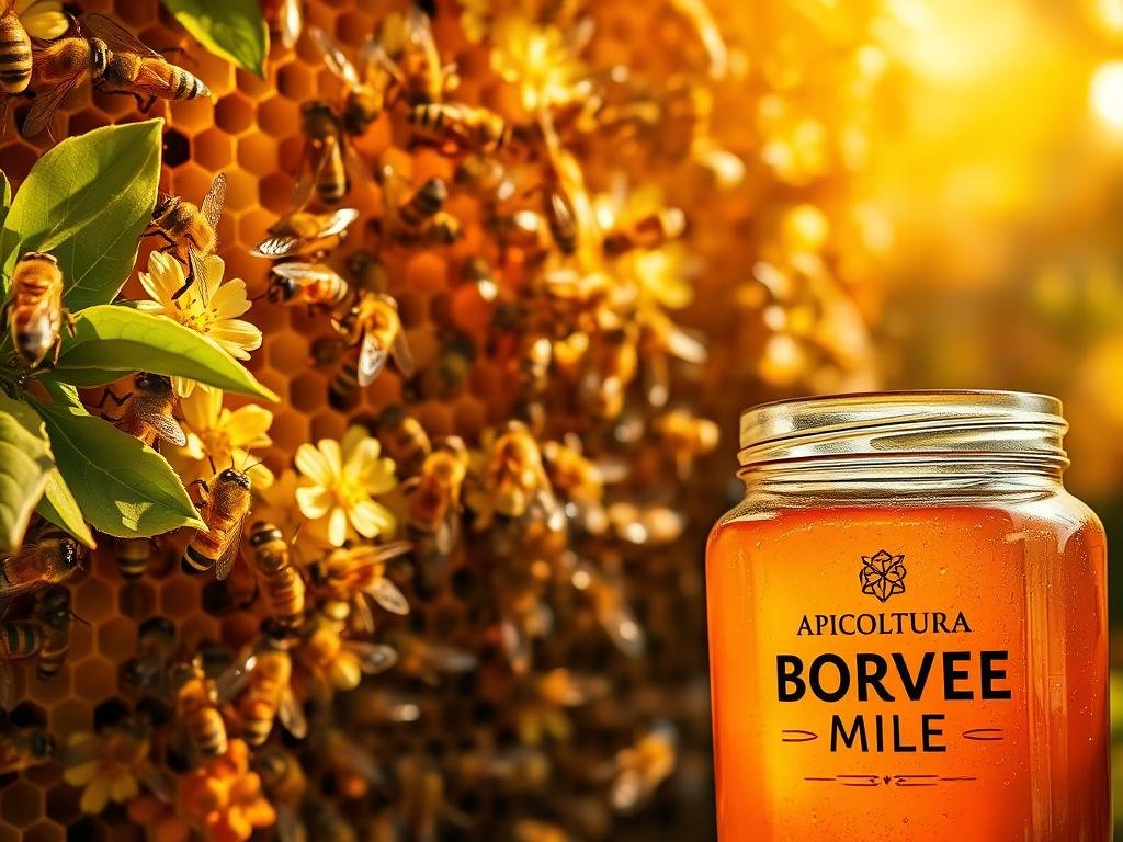 A hive of industrious bees, their golden wings beating rhythmically, gather nectar and pollen from vibrant flowers. The warm, golden light filters through the leaves, casting a gentle glow on the wax-capped honeycomb structure. In the foreground, a glass jar filled with the rich, amber-hued "APICOLTURA BORVEI MIELE" honey glistens, a testament to the bees' tireless work. The scene evokes the timeless, natural essence of artisanal beekeeping, reflecting the organic beauty and quality of this age-old craft.