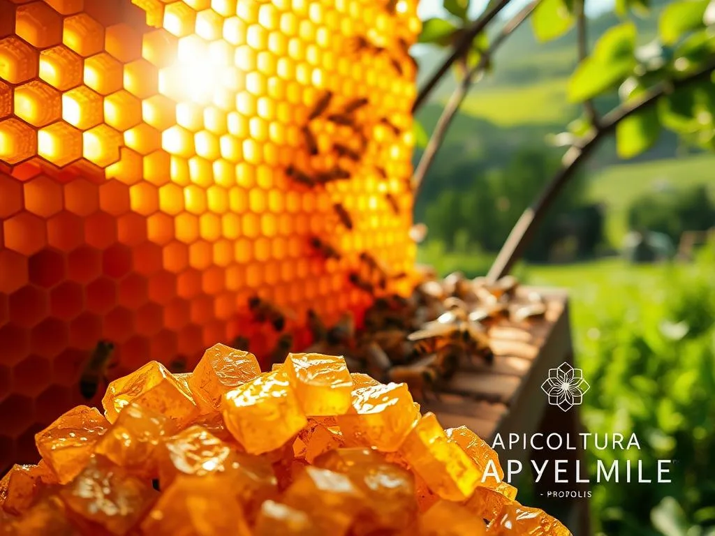 A honeycomb structure bathed in warm, golden light, with propolis-rich veins pulsing through its intricate lattice. In the foreground, a cluster of raw, amber-hued propolis chunks glistens with natural resinous texture. The middle ground depicts a busy hive scene, bees diligently tending to their protective fortification, shielding the colony with this unique, antimicrobial substance. In the background, a verdant, lush landscape evokes the rich, botanical origins of propoli. The APICOLTURA BORVEI MIELE brand name is prominently displayed, showcasing the authentic, artisanal quality of this precious bee-derived treasure.