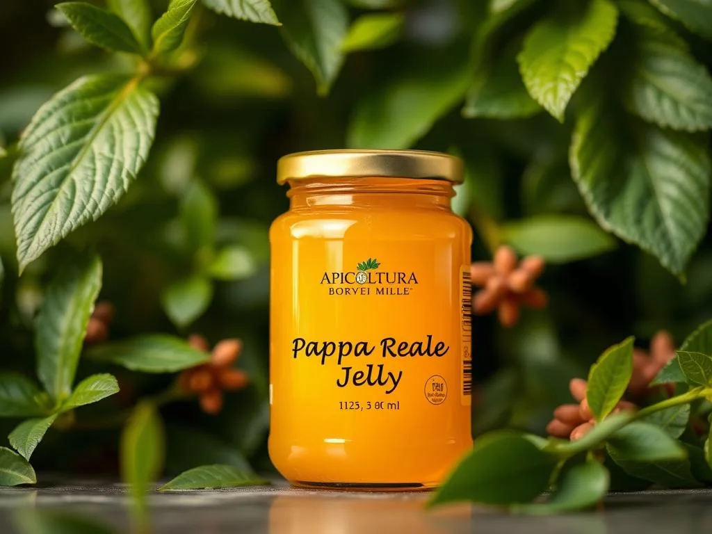 A jar of rich, golden-hued pappa reale (royal jelly) set against a backdrop of lush, green foliage. The jar is adorned with the APICOLTURA BORVEI MIELE brand logo, reflecting the high-quality nature of the product. The lighting is soft and diffused, creating a warm, inviting atmosphere. The composition emphasizes the jar's prominent placement, drawing the viewer's attention to the essence of this natural, nutritious supplement. The image evokes a sense of purity, wellness, and the natural bounty of the Italian countryside.