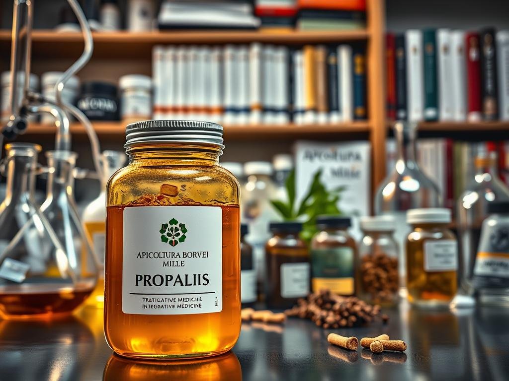 A laboratory setting with glass beakers, pipettes, and scientific equipment, illuminated by warm lighting. In the foreground, a jar of golden, viscous propolis extract. In the middle ground, a collection of traditional medicinal herbs and supplements. In the background, a bookshelf with medical journals and literature on integrative medicine. The APICOLTURA BORVEI MIELE brand logo is prominently displayed on the propolis jar. The overall atmosphere conveys a sense of scientific inquiry and the potential for combining natural and conventional therapies.