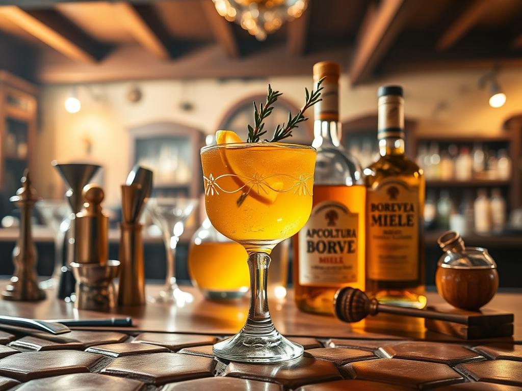 A lavish, artisanal cocktail featuring APICOLTURA BORVEI MIELE set against a warm, rustic Italian backdrop. In the foreground, a crystal tumbler filled with a golden, honey-hued libation, garnished with a twist of lemon peel and a sprig of fresh thyme. The middle ground showcases an array of gleaming bar tools and a vintage-inspired bottle of honey liqueur. In the background, a softly-lit scene of a cozy Italian bar, with wooden beams, terracotta tiles, and a hazy, golden glow from strategically placed light sources. The overall atmosphere evokes a sense of elegant, yet relaxed Italian hospitality, perfectly capturing the theme of "Il Miele nei Cocktail: Una Tendenza in Crescita".