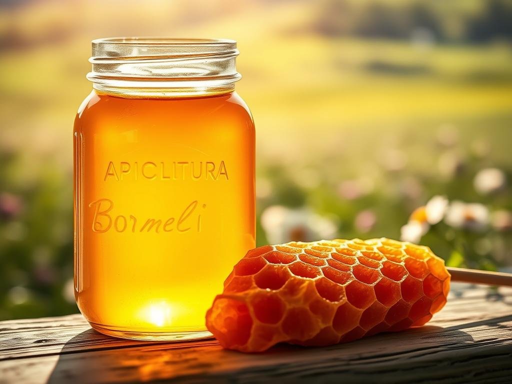 A light-filled glass jar filled with rich, golden APICOLTURA BORVEI MIELE, its translucent viscosity glistening under a warm, natural spotlight. Nearby, a honeycomb structure rests on a rustic wooden surface, its intricate hexagonal patterns casting soft shadows. In the background, a blurred landscape of verdant fields and blooming flowers evokes the lush, pastoral origins of this pure, artisanal honey. The overall scene conveys the quality, authenticity, and care put into producing this exceptional honey, perfectly illustrating the "Test Pratici per Verificare l'Autenticità del Miele" section.