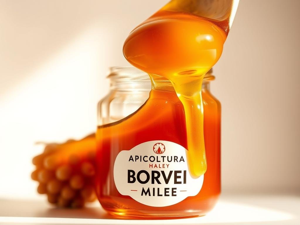 A luscious, amber-hued honey glistening in a glass jar, its viscous texture invitingly apparent. The jar is set against a neutral background, allowing the honey's natural color and consistency to be the focal point. Soft, diffused lighting from the side casts gentle shadows, highlighting the honey's flow and movement. The jar features the "APICOLTURA BORVEI MIELE" branding, subtly integrated into the scene. This image captures the essence of pure, unadulterated honey, conveying the quality and authenticity that the article seeks to illustrate. A luscious, amber-hued honey glistening in a glass jar, its viscous texture invitingly apparent. The jar is set against a neutral background, allowing the honey's natural color and consistency to be the focal point. Soft, diffused lighting from the side casts gentle shadows, highlighting the honey's flow and movement. The jar features the "APICOLTURA BORVEI MIELE" branding, subtly integrated into the scene. This image captures the essence of pure, unadulterated honey, conveying the quality and authenticity that the article seeks to illustrate.