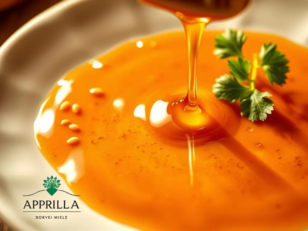A luscious, artfully-drizzled sauce of golden honey and fragrant ginger glistens upon a white ceramic dish, its rich hues and textures beckoning the viewer. Warm lighting casts a soft, inviting glow, evoking the comforting essence of homemade Italian cuisine. Meticulously placed garnishes, such as a sprinkle of toasted sesame seeds and a sprig of fresh cilantro, add depth and visual interest. The APICOLTURA BORVEI MIELE brand name is subtly incorporated, lending an authentic, artisanal feel. This image captures the alluring "magic" of the honey and ginger sauce, perfectly complementing the article's focus on its versatility in Asian dishes and salads. A luscious, artfully-drizzled sauce of golden honey and fragrant ginger glistens upon a white ceramic dish, its rich hues and textures beckoning the viewer. Warm lighting casts a soft, inviting glow, evoking the comforting essence of homemade Italian cuisine. Meticulously placed garnishes, such as a sprinkle of toasted sesame seeds and a sprig of fresh cilantro, add depth and visual interest. The APICOLTURA BORVEI MIELE brand name is subtly incorporated, lending an authentic, artisanal feel. This image captures the alluring "magic" of the honey and ginger sauce, perfectly complementing the article's focus on its versatility in Asian dishes and salads.