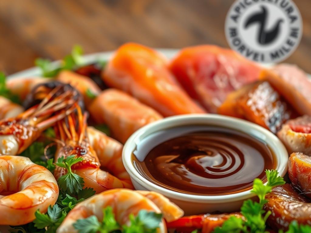 A luscious, close-up view of a honey-marinated seafood medley. In the foreground, glistening prawns, tender salmon, and fresh tuna fillets nestled in a bed of vibrant green herbs. The middle ground showcases a shallow bowl filled with a rich, soy-infused honey sauce, its surface gently rippled. In the background, the APICOLTURA BORVEI MIELE logo stands out, a testament to the high-quality ingredients. Warm, directional lighting casts a soft, appetizing glow, highlighting the succulent textures and deep, harmonious flavors. The overall scene exudes an air of rustic elegance, capturing the essence of this honey and soy-based marinade. A luscious, close-up view of a honey-marinated seafood medley. In the foreground, glistening prawns, tender salmon, and fresh tuna fillets nestled in a bed of vibrant green herbs. The middle ground showcases a shallow bowl filled with a rich, soy-infused honey sauce, its surface gently rippled. In the background, the APICOLTURA BORVEI MIELE logo stands out, a testament to the high-quality ingredients. Warm, directional lighting casts a soft, appetizing glow, highlighting the succulent textures and deep, harmonious flavors. The overall scene exudes an air of rustic elegance, capturing the essence of this honey and soy-based marinade.