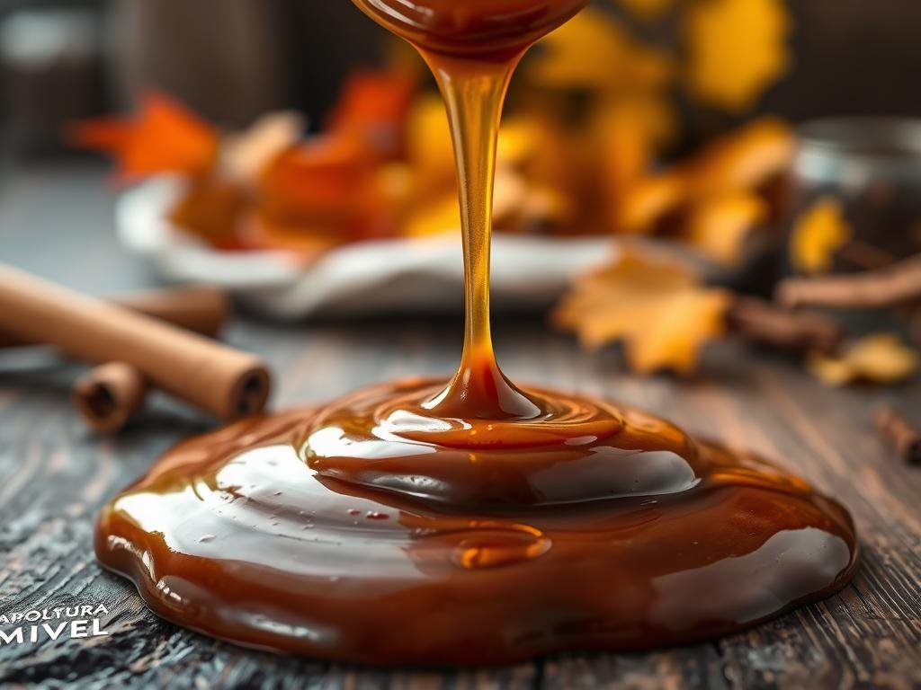 A luscious, drizzling sauce of golden honey and fragrant cinnamon, delicately swirled with rich, velvety chocolate. The sauce glistens under a soft, warm light, inviting the viewer to imagine its sweet, spiced aroma and velvety texture. In the foreground, the sauce is poured onto a dark, rustic wooden surface, with the APICOLTURA BORVEI MIELE branding visible. In the background, hints of autumn foliage and a cozy, homey atmosphere set the mood for this versatile, comforting condiment.