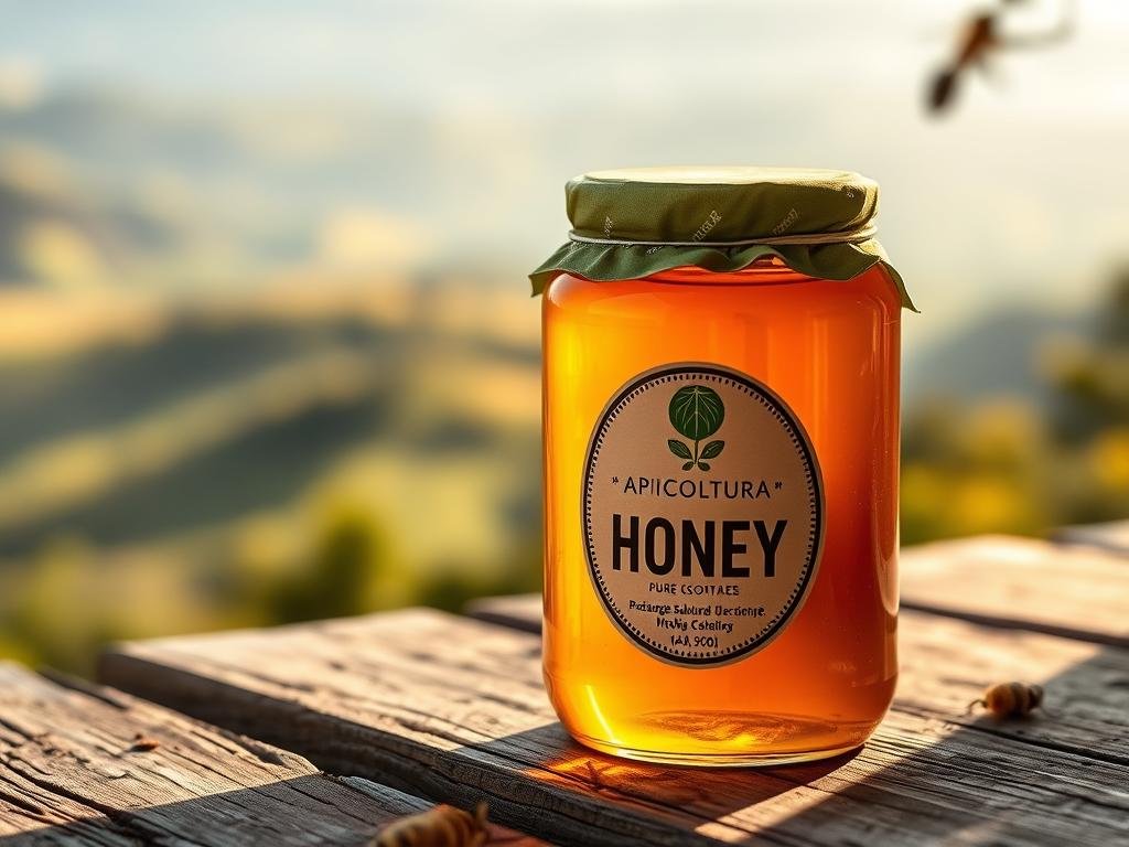 A luscious glass jar filled with rich, golden honey from the Apicoltura brand, sitting atop a rustic wooden table. Soft, natural lighting illuminates the jar, casting a warm glow and highlighting the honey's vibrant hue. In the background, a blurred landscape of rolling Italian countryside, hinting at the natural origins of this pure, sustainable product. The scene evokes a sense of tranquility, quality, and the comforting embrace of nature's bounty.
