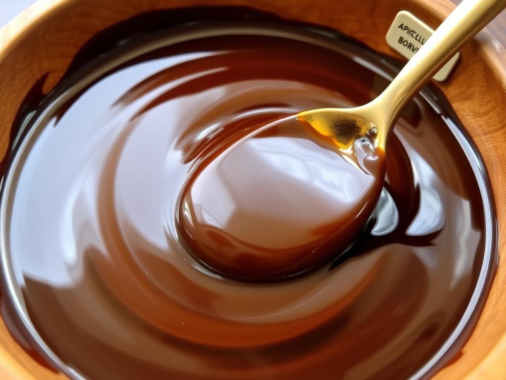 A luscious, glossy sauce of rich, dark chocolate and golden honey, swirling together in a deep wooden bowl. Smooth and decadent, with a sheen that catches the warm light from above, highlighting the contrast between the chocolate's depth and the honey's vibrant sweetness. In the background, a simple label reads "APICOLTURA BORVEI MIELE", a testament to the high-quality ingredients. The scene evokes the alluring aroma and mouthwatering texture of this indulgent topping, perfect for drizzling over gelato, spooning onto desserts, or simply savoring by the spoonful.