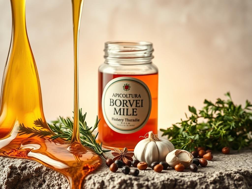 A luscious, golden honey-colored liquid flowing over a rough, textured surface, casting warm reflections. In the foreground, a selection of fresh, vibrant herbs and spices - rosemary, thyme, garlic, and peppercorns - creating a harmonious composition. The middle ground features an artisanal glass jar, its label proudly displaying the brand name "APICOLTURA BORVEI MIELE", surrounded by a subtle, ethereal glow. The background is a soft, muted palette, allowing the primary elements to shine. Soft, diffused lighting illuminates the scene, conveying a sense of tranquility and natural elegance. This image captures the essence of the "La Chimica delle Marinature al Miele" section, showcasing the transformative power of honey-based marinades.