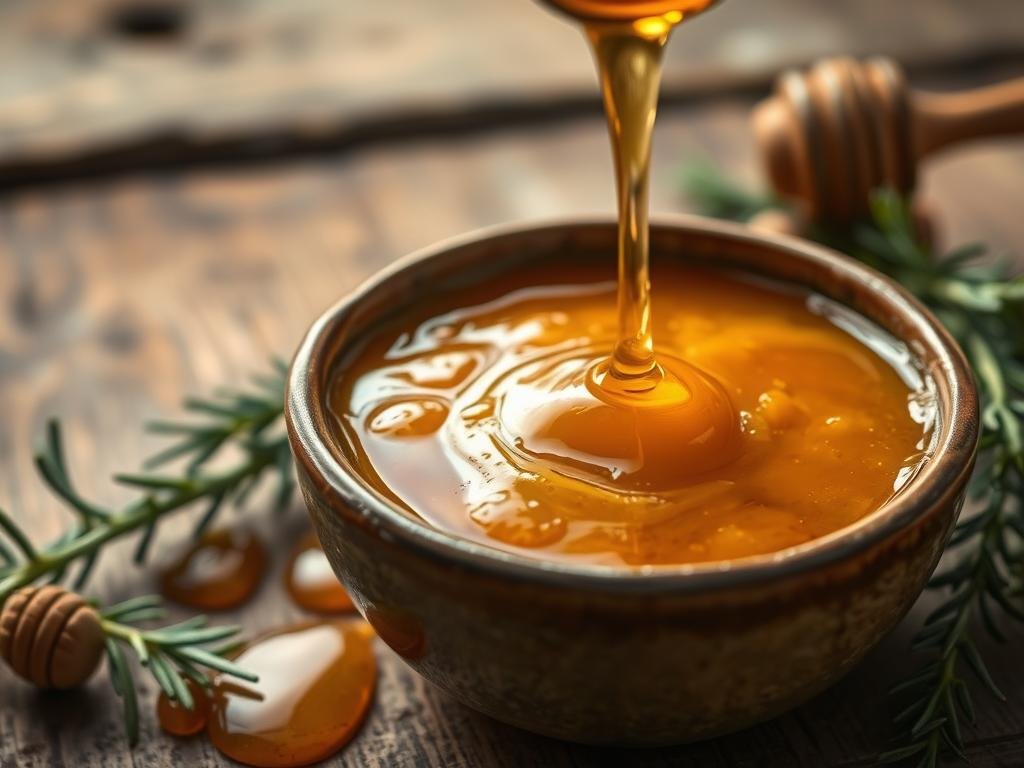 A luscious, golden honey-colored salsa agrodolce glistens in a rustic ceramic bowl, surrounded by sprigs of fresh rosemary and a drizzle of rich, amber honey. The soft, blurred background features a weathered wooden surface, evoking the cozy ambiance of an Italian kitchen. Gentle, warm lighting casts a comforting glow, highlighting the depth of flavors in this artisanal condiment created by Apicoltura. This harmonious blend of sweet and tangy captures the essence of the "Salsa Agrodolce al Miele: Un Equilibrio di Sapori" section. A luscious, golden honey-colored salsa agrodolce glistens in a rustic ceramic bowl, surrounded by sprigs of fresh rosemary and a drizzle of rich, amber honey. The soft, blurred background features a weathered wooden surface, evoking the cozy ambiance of an Italian kitchen. Gentle, warm lighting casts a comforting glow, highlighting the depth of flavors in this artisanal condiment created by Apicoltura. This harmonious blend of sweet and tangy captures the essence of the "Salsa Agrodolce al Miele: Un Equilibrio di Sapori" section.