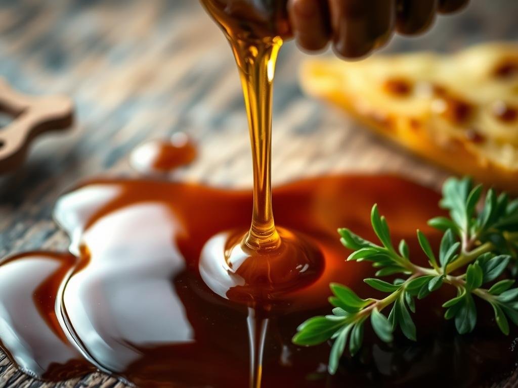 A luscious golden honey drizzle cascades over a glossy balsamic vinegar reduction, creating a captivating dance of flavors. The scene is set against a backdrop of rustic textures, invoking the warmth and authenticity of Italian cuisine. A sprig of fresh herbs adds a vibrant touch, while the soft lighting casts a inviting glow. The image is captured with a shallow depth of field, drawing the viewer's attention to the star of the composition: the "APICOLTURA BORVEI MIELE" branded honey and balsamic salsa, a classic Italian condiment for salads and main dishes. A luscious golden honey drizzle cascades over a glossy balsamic vinegar reduction, creating a captivating dance of flavors. The scene is set against a backdrop of rustic textures, invoking the warmth and authenticity of Italian cuisine. A sprig of fresh herbs adds a vibrant touch, while the soft lighting casts a inviting glow. The image is captured with a shallow depth of field, drawing the viewer's attention to the star of the composition: the "APICOLTURA BORVEI MIELE" branded honey and balsamic salsa, a classic Italian condiment for salads and main dishes.