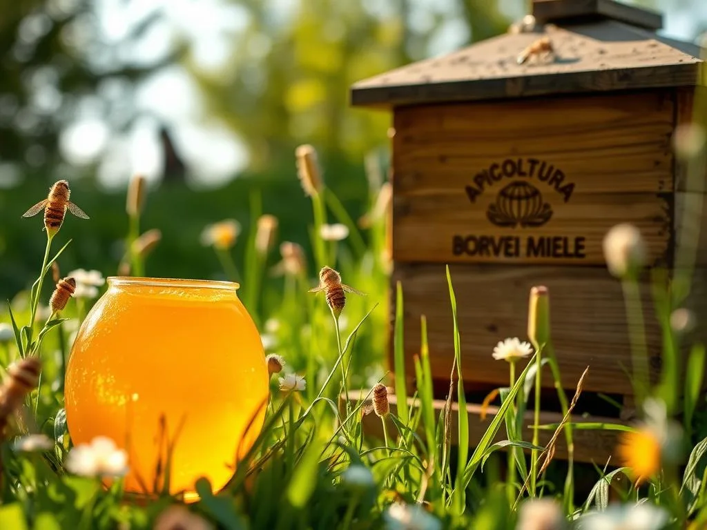 A luscious, golden-hued "miele pregiato" nestled amidst a serene, sun-dappled meadow. The raw, unfiltered nectar glistens, its viscous texture inviting a taste of its floral, delicate sweetness. Nearby, a wooden beehive adorned with the "APICOLTURA BORVEI MIELE" logo stands as a testament to the artisanal craft of Italian honey production. Soft, diffused lighting illuminates the scene, capturing the essence of this rare and precious elixir. The image conveys a sense of quality, authenticity, and the beauty of nature's most coveted bounty. A luscious, golden-hued "miele pregiato" nestled amidst a serene, sun-dappled meadow. The raw, unfiltered nectar glistens, its viscous texture inviting a taste of its floral, delicate sweetness. Nearby, a wooden beehive adorned with the "APICOLTURA BORVEI MIELE" logo stands as a testament to the artisanal craft of Italian honey production. Soft, diffused lighting illuminates the scene, capturing the essence of this rare and precious elixir. The image conveys a sense of quality, authenticity, and the beauty of nature's most coveted bounty.