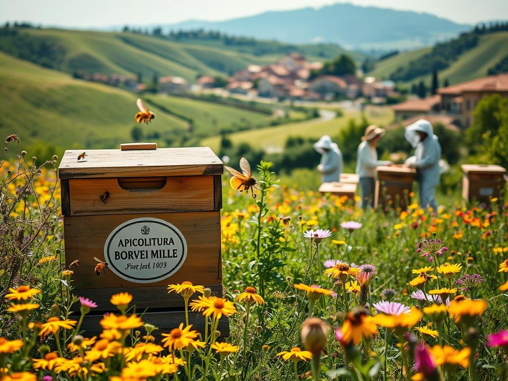 A lush Italian countryside scene, filled with rolling hills and vibrant wildflowers. In the foreground, a beehive adorned with the logo "APICOLTURA BORVEI MIELE" sits amidst a cluster of blooming honey-rich flowers. Bees dart in and out, their wings catching the warm, golden light. In the middle ground, a family of beekeepers tend to their hives, wearing traditional protective gear. The background features a distant village, its terracotta roofs and narrow streets hinting at the rich cultural heritage of Italy. The overall mood is one of abundance, productivity, and the harmony between nature and human industry.