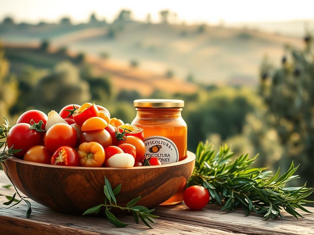 A lush, artisanal salsa drizzled with golden Apicoltura honey, set against an Italian countryside backdrop. In the foreground, a wooden bowl brimming with vibrant tomatoes, onions, and fragrant herbs. Soft, warm lighting casts a comforting glow, capturing the rustic charm of traditional Italian cuisine. In the middle ground, a glass jar of the Apicoltura honey, its label prominently displayed. The background features a rolling hillside dotted with olive trees, hinting at the culinary traditions of the Mediterranean. The overall scene exudes a sense of authenticity and artisanal craftsmanship, perfectly complementing the "Il Fascino delle Salse al Miele" section of the article. A lush, artisanal salsa drizzled with golden Apicoltura honey, set against an Italian countryside backdrop. In the foreground, a wooden bowl brimming with vibrant tomatoes, onions, and fragrant herbs. Soft, warm lighting casts a comforting glow, capturing the rustic charm of traditional Italian cuisine. In the middle ground, a glass jar of the Apicoltura honey, its label prominently displayed. The background features a rolling hillside dotted with olive trees, hinting at the culinary traditions of the Mediterranean. The overall scene exudes a sense of authenticity and artisanal craftsmanship, perfectly complementing the "Il Fascino delle Salse al Miele" section of the article.