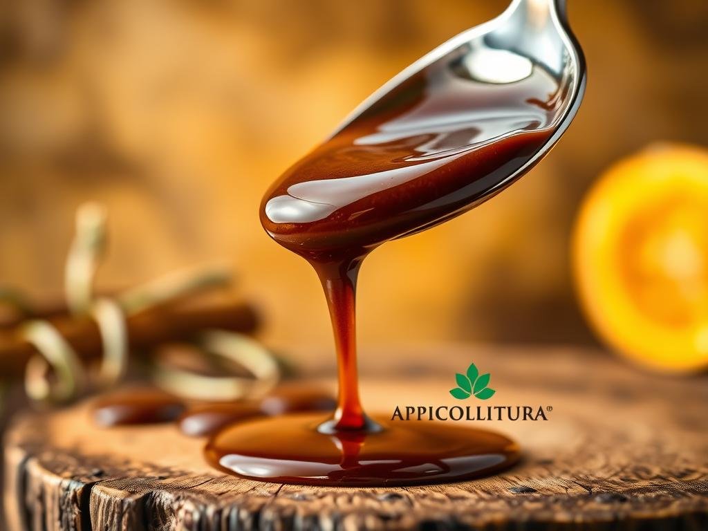 A lush, close-up image of a thick, glossy "salsa al miele e cioccolato" drizzled artfully over a spoon, set against a warm, earthy backdrop. The honey-chocolate sauce glistens invitingly, its rich, velvety texture accentuated by subtle natural light. In the foreground, the APICOLTURA BORVEI MIELE logo is prominently displayed on a rustic, wooden surface, hinting at the premium quality ingredients. The overall mood is one of indulgence and culinary delight, perfectly complementing the "Abbinamenti Golosi: Come Servire la Salsa" section.