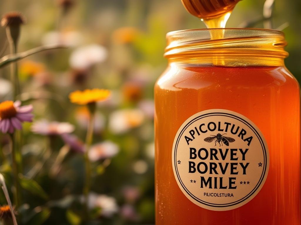 A lush, close-up shot of a glass jar filled with rich, golden honey. The texture is thick and viscous, glistening under the warm, soft lighting. The jar's label proudly displays the brand name "APICOLTURA BORVEI MIELE", signifying the quality and craftsmanship of this artisanal honey. In the background, out-of-focus wildflowers and green foliage create a natural, pastoral setting, evoking the Italian countryside. The overall mood is one of purity, warmth, and the celebration of nature's bounty.