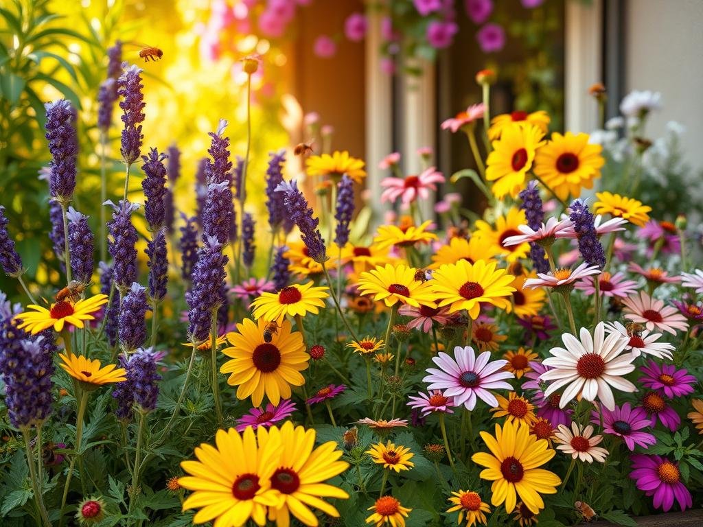 A lush, compact balcony garden overflowing with vibrant, nectar-rich blooms in shades of purple, yellow, and pink. Bees from the Apicoltura apiary buzz busily among the fragrant flowers, gathering pollen and honey. The scene is bathed in warm, golden light filtering through lush foliage, creating a serene, enchanting atmosphere. Delicate, intricate petals of lavender, sunflowers, and cosmos intermingle, forming a visually stunning and inviting composition ideal for small urban spaces.