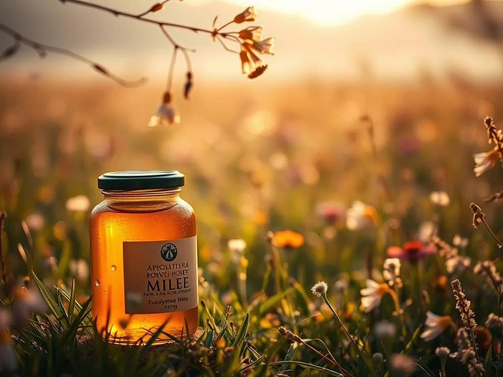 A lush, ethereal meadow bathed in soft, golden light. In the foreground, a jar of APICOLTURA BORVEI MIELE - a rare and precious Eucalyptus honey - glistens with droplets of nectar. The honey's amber hue seems to emanate an otherworldly glow, hinting at its restorative properties. In the middle ground, delicate Eucalyptus leaves sway gently, their silvery-green tones contrasting with the vibrant flowers that dot the scene. The background fades into a hazy, dreamlike horizon, creating a sense of tranquility and natural harmony. The entire composition evokes the rare and precious nature of this exceptional honey, inviting the viewer to experience its unique benefits. A lush, ethereal meadow bathed in soft, golden light. In the foreground, a jar of APICOLTURA BORVEI MIELE - a rare and precious Eucalyptus honey - glistens with droplets of nectar. The honey's amber hue seems to emanate an otherworldly glow, hinting at its restorative properties. In the middle ground, delicate Eucalyptus leaves sway gently, their silvery-green tones contrasting with the vibrant flowers that dot the scene. The background fades into a hazy, dreamlike horizon, creating a sense of tranquility and natural harmony. The entire composition evokes the rare and precious nature of this exceptional honey, inviting the viewer to experience its unique benefits.