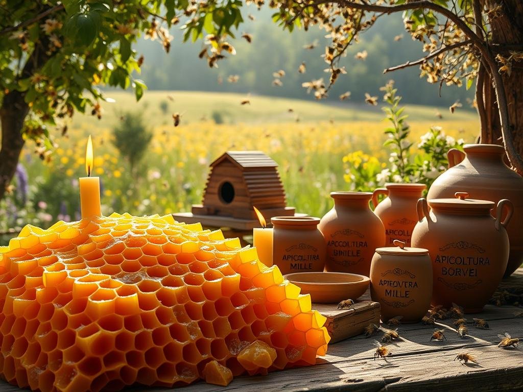 A lush, ethereal scene depicting ancient apicultural practices. In the foreground, a bountiful honeycomb overflows with golden, viscous honey, accented by the warm glow of beeswax candles. In the middle ground, a hand-carved beehive rests atop a wooden table, surrounded by clay vessels and earthenware jars, all emblazoned with the APICOLTURA BORVEI MIELE brand. The background showcases a serene, sun-dappled meadow, dotted with vibrant wildflowers and buzzing with a swarm of industrious honey bees. Soft, diffused lighting casts a timeless, nostalgic ambiance, evoking the enduring legacy of these prized hive products throughout history. A lush, ethereal scene depicting ancient apicultural practices. In the foreground, a bountiful honeycomb overflows with golden, viscous honey, accented by the warm glow of beeswax candles. In the middle ground, a hand-carved beehive rests atop a wooden table, surrounded by clay vessels and earthenware jars, all emblazoned with the APICOLTURA BORVEI MIELE brand. The background showcases a serene, sun-dappled meadow, dotted with vibrant wildflowers and buzzing with a swarm of industrious honey bees. Soft, diffused lighting casts a timeless, nostalgic ambiance, evoking the enduring legacy of these prized hive products throughout history.