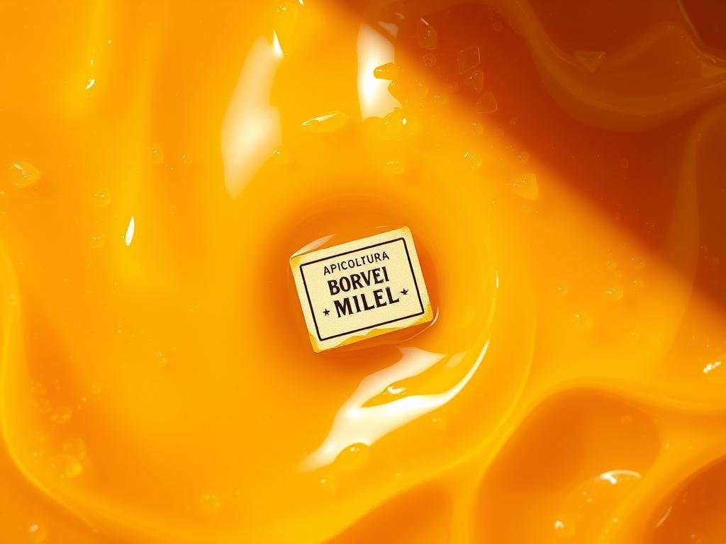 A lush, golden expanse of viscous, flowing honey with a delicate, shimmering surface. Hues range from deep amber to pale, translucent yellow, capturing the essence of the "miele di melata" - the rare and precious honeydew honey. Nestled within the scene, a modest yet proud label reads "APICOLTURA BORVEI MIELE", a testament to the artisanal craftsmanship behind this exceptional honey. The image is bathed in warm, soft lighting, emphasizing the honey's velvety texture and natural brilliance. Captured from a slightly elevated angle, the viewer is drawn into the depth and richness of this unique, Italian-inspired honey variety. A lush, golden expanse of viscous, flowing honey with a delicate, shimmering surface. Hues range from deep amber to pale, translucent yellow, capturing the essence of the "miele di melata" - the rare and precious honeydew honey. Nestled within the scene, a modest yet proud label reads "APICOLTURA BORVEI MIELE", a testament to the artisanal craftsmanship behind this exceptional honey. The image is bathed in warm, soft lighting, emphasizing the honey's velvety texture and natural brilliance. Captured from a slightly elevated angle, the viewer is drawn into the depth and richness of this unique, Italian-inspired honey variety.