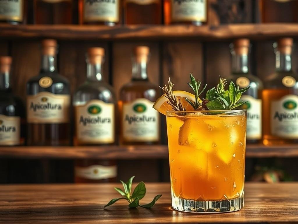 A lush, golden honey-infused cocktail garnished with fresh herbs and fruit slices, set against a backdrop of rustic wooden shelves showcasing elegant glass bottles labeled "Apicoltura". The lighting is soft and warm, casting a natural glow over the scene. The composition emphasizes the artisanal, handcrafted nature of the honey-based mixology, inviting the viewer to imagine the rich, complex flavors of this uniquely Italian libation.