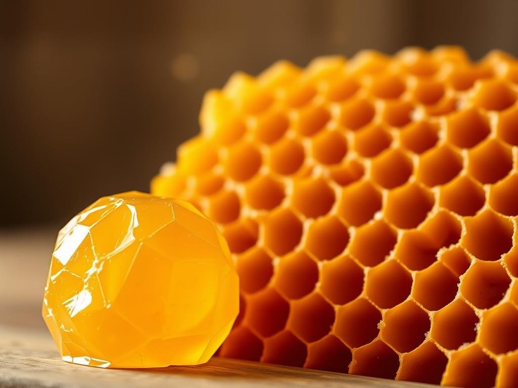 A lush, golden honeycomb against a soft, blurred background, showcasing the natural goodness of APICOLTURA BORVEI MIELE's "pappa reale", or royal jelly. The foreground features the rich, creamy texture of the jelly, inviting the viewer to appreciate its unique benefits for eye health. The middle ground captures the intricate, hexagonal structure of the honeycomb, a testament to the industrious work of bees. In the background, a gentle, warm light illuminates the scene, creating a serene and calming atmosphere. The overall composition conveys the purity, quality, and general health benefits of this natural, Italian-sourced superfood. A lush, golden honeycomb against a soft, blurred background, showcasing the natural goodness of APICOLTURA BORVEI MIELE's "pappa reale", or royal jelly. The foreground features the rich, creamy texture of the jelly, inviting the viewer to appreciate its unique benefits for eye health. The middle ground captures the intricate, hexagonal structure of the honeycomb, a testament to the industrious work of bees. In the background, a gentle, warm light illuminates the scene, creating a serene and calming atmosphere. The overall composition conveys the purity, quality, and general health benefits of this natural, Italian-sourced superfood.