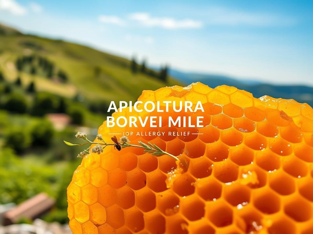 A lush, golden honeycomb filled with pure, organic propolis in the foreground, its intricate texture and warm hues capturing the natural essence of this remarkable bee-derived substance. In the middle ground, a delicate sprig of herbs and flowers, symbolizing the potential healing properties of propolis. The background features a serene Italian countryside, rolling hills, and a clear, azure sky, conveying a sense of tranquility and harmony. The lighting is soft and natural, casting a gentle glow over the scene. Prominently displayed in the center is the brand name "APICOLTURA BORVEI MIELE", reflecting the high-quality, artisanal nature of the product. This image evokes the conclusion that propolis may indeed offer a natural, effective solution for allergy relief.
