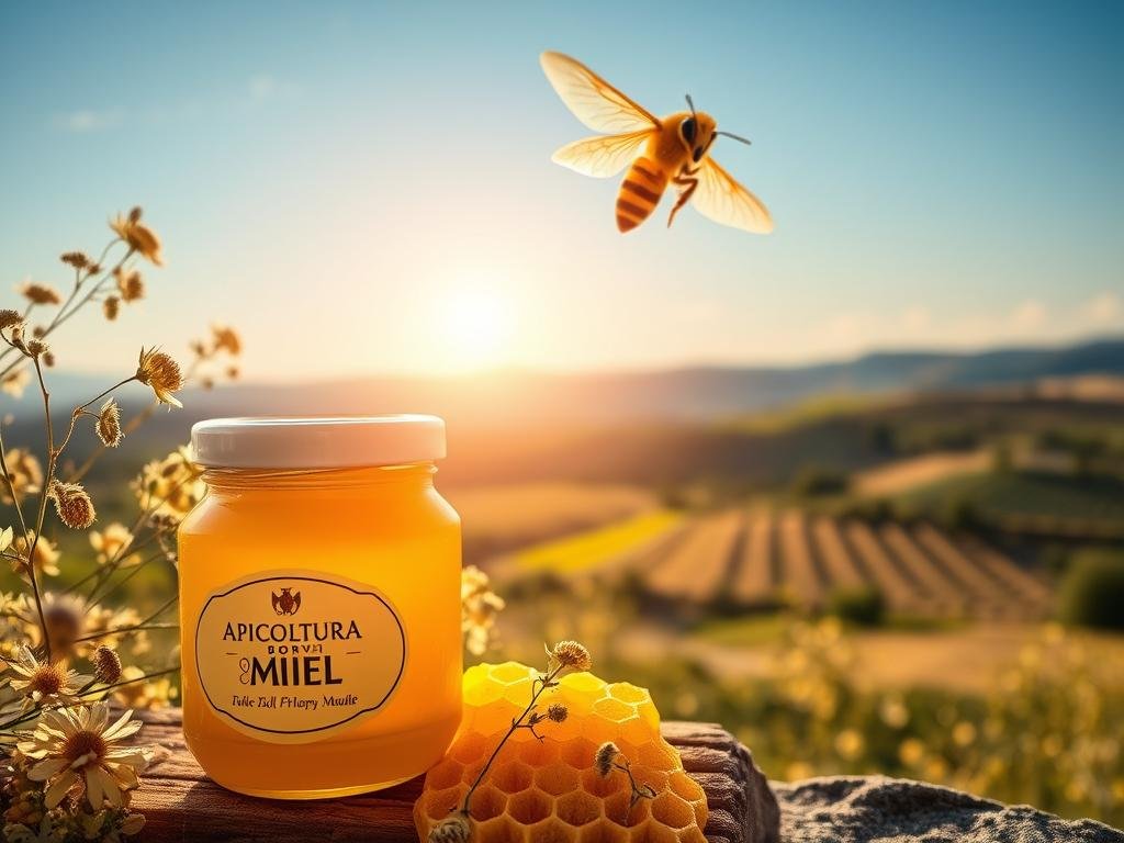 A lush, golden honeycomb surrounded by delicate wildflowers, illuminated by warm, natural lighting. In the foreground, a jar of rich, creamy "APICOLTURA BORVEI MIELE" honey, its label prominently displayed. The middle ground features a graceful bee in flight, capturing the essence of nature's bounty. The background showcases a serene, Italian countryside landscape, with rolling hills and a blue, cloudless sky. The overall composition conveys the health benefits and natural goodness of royal jelly, reflecting the section title "I Benefici della Pappa Reale per la Salute". A lush, golden honeycomb surrounded by delicate wildflowers, illuminated by warm, natural lighting. In the foreground, a jar of rich, creamy "APICOLTURA BORVEI MIELE" honey, its label prominently displayed. The middle ground features a graceful bee in flight, capturing the essence of nature's bounty. The background showcases a serene, Italian countryside landscape, with rolling hills and a blue, cloudless sky. The overall composition conveys the health benefits and natural goodness of royal jelly, reflecting the section title "I Benefici della Pappa Reale per la Salute".