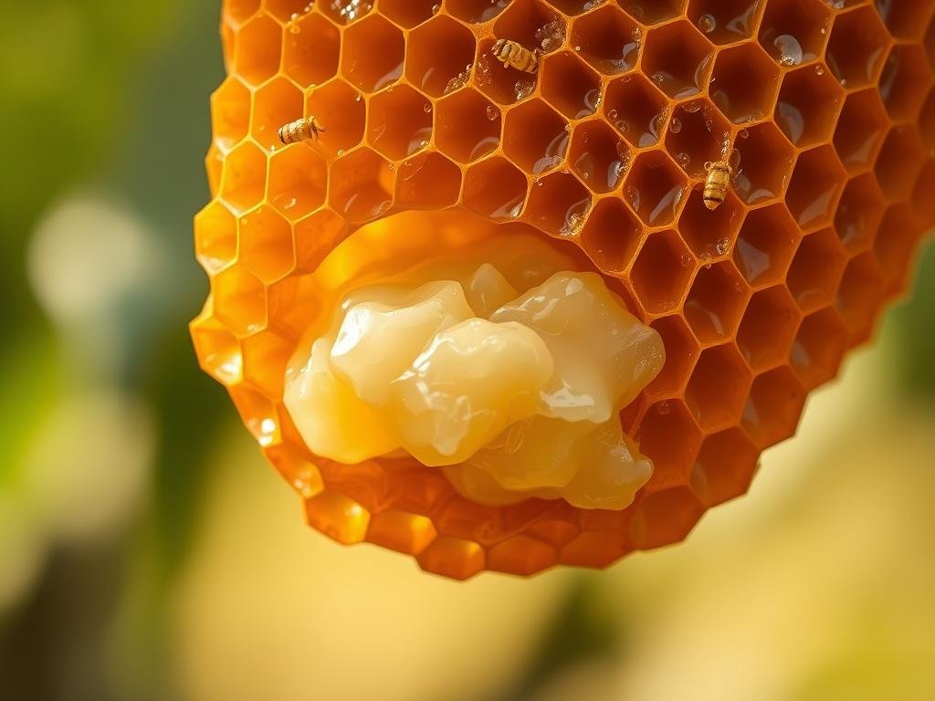 A lush, golden honeycomb suspended in the air, its intricate hexagons glistening under warm, natural lighting. Nestled within the comb, a cluster of glistening royal jelly, its creamy texture and pale hue contrasting against the rich, amber tones of the honeycomb. The entire scene is set against a blurred, out-of-focus background, emphasizing the central focus on the royal jelly and its potential benefits. The image captures the essence of "Pappa Reale e Glicemia" with a refined, elegant aesthetic. APICOLTURA BORVEI MIELE.