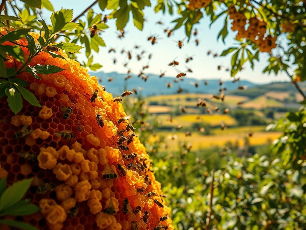 A lush, golden-hued beehive nestled amidst verdant foliage, capturing the essence of propoli. In the foreground, a cluster of honeycomb structures brimming with rich, amber-colored propolis, their intricate textures and shapes illuminated by warm, natural lighting. In the middle ground, a swarm of industrious honeybees in flight, their delicate wings catching the sun's rays. The background features a serene, Italian countryside landscape, complete with rolling hills and a clear blue sky. The overall scene evokes a sense of nature's bounty and the artisanal craftsmanship of APICOLTURA BORVEI MIELE, a trusted name in Italian apiculture.