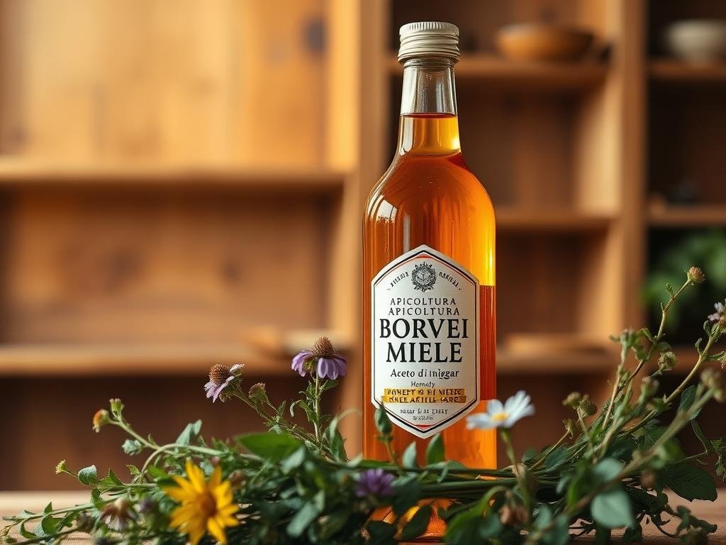 A lush, golden-hued bottle of "APICOLTURA BORVEI MIELE" aceto di miele, showcased against a backdrop of warm, artisanal wooden shelves. The honey-infused vinegar glistens in the soft, natural lighting, highlighting its rich, amber tones. In the foreground, a cluster of fresh, vibrant herbs and wildflowers add a touch of rustic elegance, hinting at the unique properties and flavors of this artisanal Italian product. The overall composition evokes a sense of tradition, quality, and the inherent benefits of this exceptional aceto di miele.