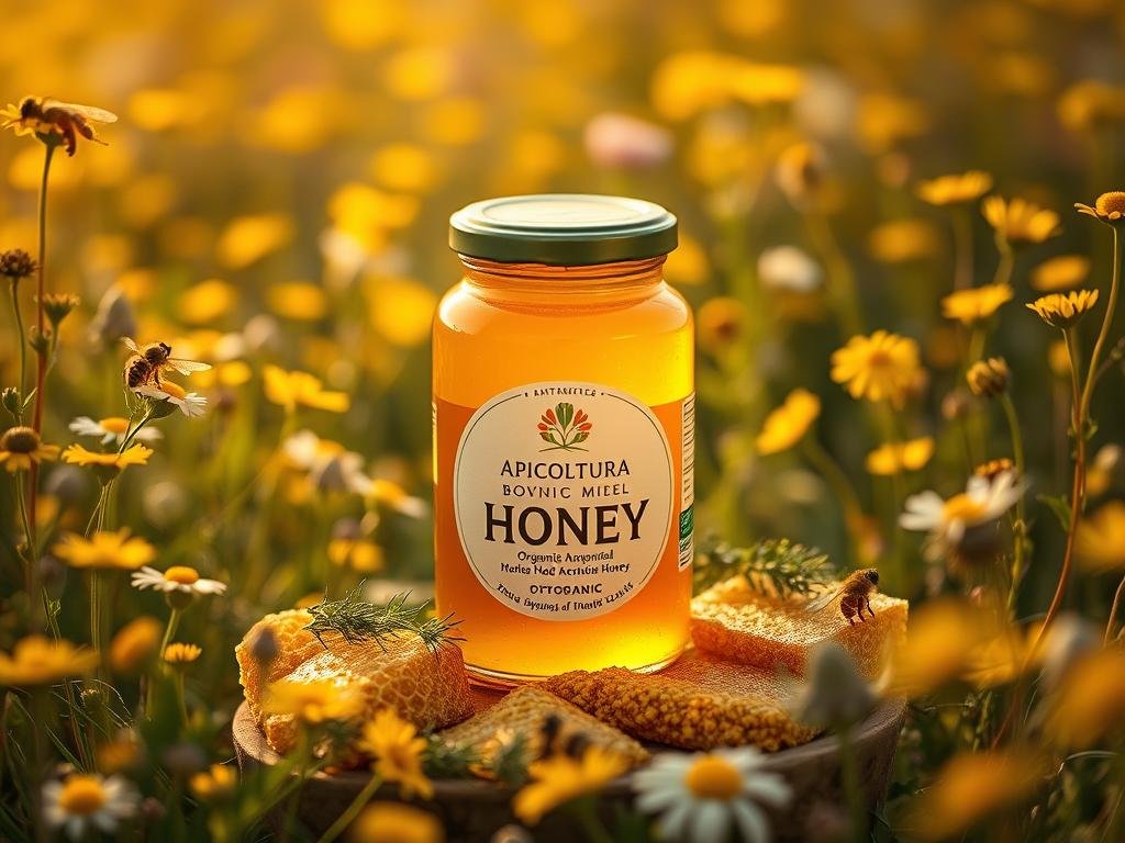 A lush, golden-hued field of blooming wildflowers, with a central focus on a glass jar of organic, artisanal honey from the APICOLTURA BORVEI MIELE brand, glistening in the warm, natural light. The jar is surrounded by scattered honeycomb, bee pollen, and sprigs of fresh herbs, creating a visually appealing and nutritionally-rich still life. The overall mood is one of purity, health, and the artisanal craftsmanship of traditional Italian beekeeping practices, evoking a sense of authenticity and quality. The image is captured with a shallow depth of field, placing the honey jar in sharp focus while the background softly blurs, drawing the viewer's attention to the star of the composition.