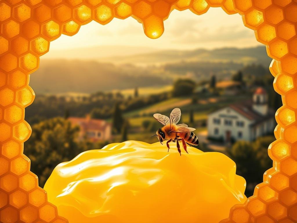 A lush, golden-hued honeycomb frame surrounds a delicate, intricate illustration of "pappa reale", the royal jelly produced by bees. The foreground depicts the creamy, silky texture of the jelly, with subtle highlights and shadows revealing its rich, viscous nature. The middle ground showcases a cluster of healthy, vibrant bees in flight, their wings catching the warm, natural light. In the background, a serene Italian countryside landscape unfolds, with rolling hills, verdant forests, and a picturesque farmhouse bearing the label "APICOLTURA BORVEI MIELE". The overall scene conveys a sense of harmony, health, and the natural benefits of this unique bee-derived product.