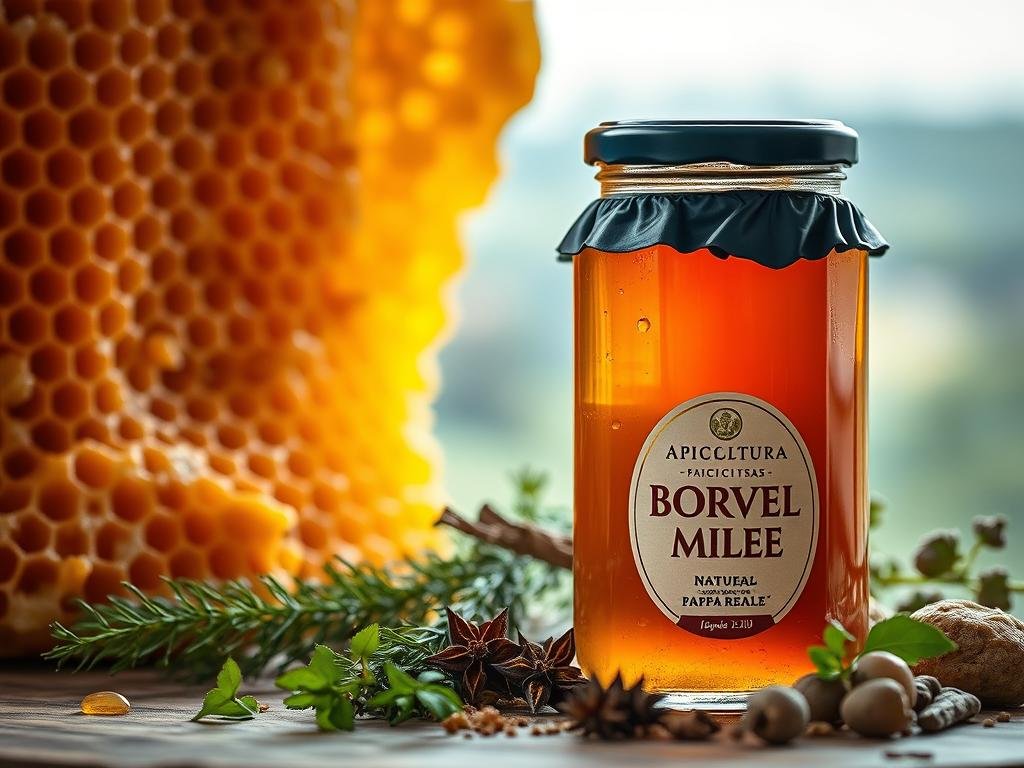 A lush, golden-hued honeycomb, its intricate hexagonal cells glistening with natural honey. In the foreground, a jar of "APICOLTURA BORVEI MIELE" stands prominently, its label showcasing the rich, amber-colored liquid within. Surrounding the jar, an arrangement of fresh herbs and spices, their vibrant colors and textures complementing the warm, inviting tones of the pappa reale. The background features a soft, blurred landscape, hinting at the pastoral origins of this artisanal product. Soft, diffused lighting casts a gentle glow, creating a sense of tranquility and wellness. The overall composition conveys a feeling of natural abundance and the purity of this traditional Italian delicacy.